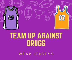 image of sports equipment and sports jerseys with text team up against drugs wear jersey's