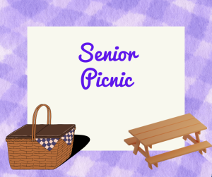 image of a purple picnic blanket and a picnic basket and table with text Senior Picnic 