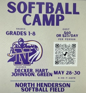 image of the NHHS Logo and a QR Code with text Softball Camp grades 1-8 cost $60 or $25 a day per person Coaches Decker, Hart, Johnson, Green May 28- 30 4-7pm NHHS Softball field