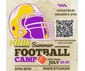 Image of a football helmet with text athletes in grades K -8th payment due on first night of camp NHHS summer football camp mon - thur July 2-25 5pm -8pm nhhs stadium