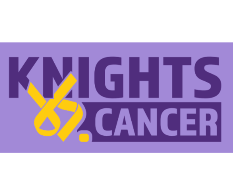 image of a yellow cancer ribbon with text Knights Vs Cancer