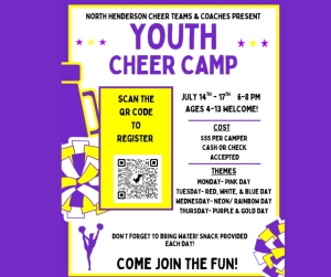 image of a cheerleader and pom poms with text North Henderson Cheer teams and coaches present Youth Cheer Camp July 14th - 17th 6-8pm Cost $55 per camper cash or check accepted Themes Monday pink day Tuesday Red white and blue day Wednesday Neon rainbow day Thursday Purple and gold day don't forget to breing water snack provided each day come join the fun with a qr code to scan to register