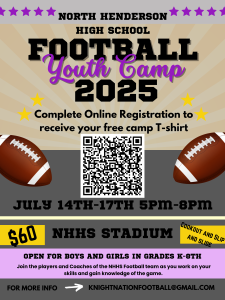image of footballs and a qr code with text NHHS Football youth camp 2025 complete online registration to receive your free camp tshirt July 14-17 5pm-8pm nhhs stadium $60 open for Boys and Girls grades k-8th join the players and coaches from the NHHS football team as you work on your skills and gain knowledge of the game for more info knightnationfootball@gmail. com
