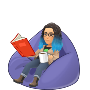 cartoon image of Jennifer Abel drinking coffee reading a book