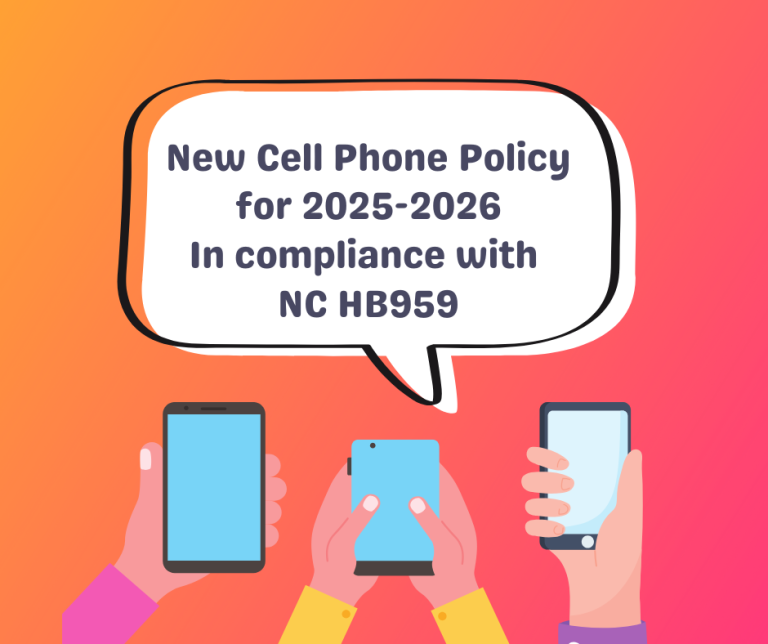 image of cell phones and tables with a thought bubblethat says New Cell phone policy 2025-2026 in accordance with NC HB959