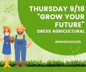 image of two farmers with grass and vegetables with text Thursday 9/18 Grow your future dress agricultural 