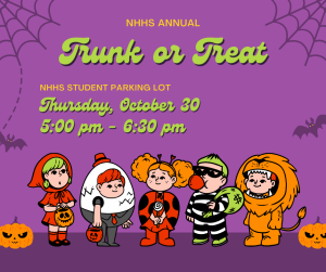 image of children in costumes with text NHHS Annual Trunk or Treat NHHS Student parking lot Thursday 10/30 5-6:30 pm