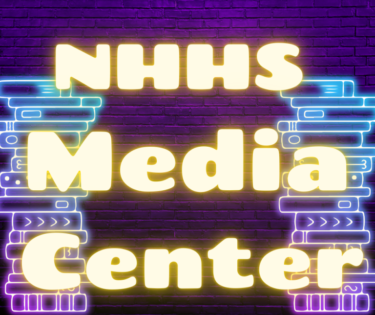 neon image of books and text nhhs media center