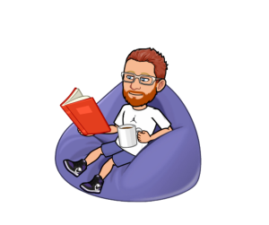 image of chuck Bratu sitting on a chair reading a book-
