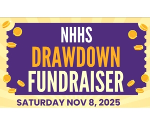 image of a ticket with coins with text NHHS Drawndown Fundraiser Saturday Nov 8 2025
