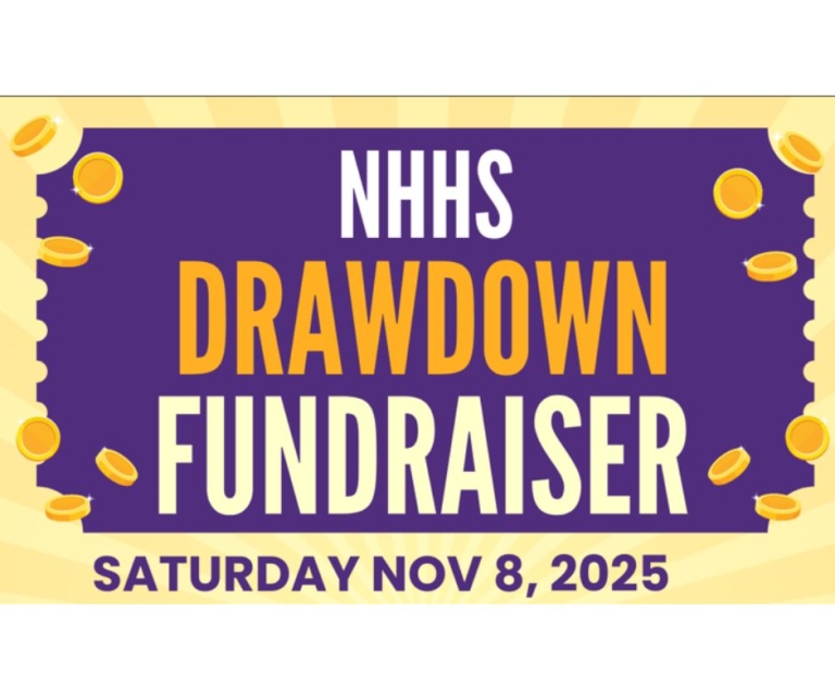 image of a ticket with coins with text NHHS Drawndown Fundraiser Saturday Nov 8 2025