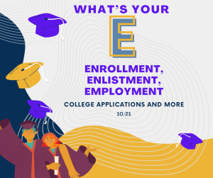 image of people dressed in graduation attire with graduation caps with text What's your E enrollment, enlistment Employment college applications and more 10/21