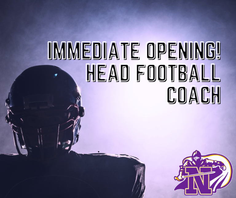 image of a football player and the knights logo with text Immediate opening head football coach