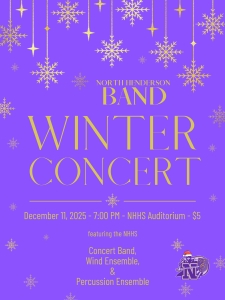 image of snow and the knights logo with text North Henderson Band Winter Concert December 11 2025 7 pm nhhs auditorium $5 featuring the NHHS Concert band and wind ensemble and percussion ensemble