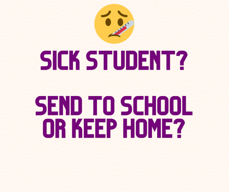Image of a sick smiley face with text Sick Student? Send to School or Keep Home