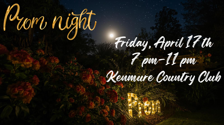 image of a garden at night with text prom night Friday April 17th 7-11 pm Kenmure country club