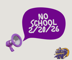 Image of a megaphone and the knights logo with text No School 2/20/26