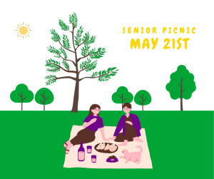 image of kids eating at a picnic with text Senior Picnic May 21st 