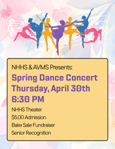 image of people dancing with text NHHS & AVMS Spring dance concert Thursday, April 30th NHHS Theatre $5 admission bake sale fundraiser senior recognition 