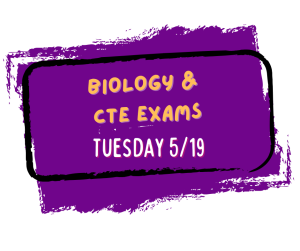 image of a paint smear with text Biology and CTE Exams Tuesday, 5/19