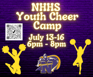 image of cheerleaders with text NHHS youth Cheer camp July 13-16 6pm-8pm qr code link https://bit.ly/nhhscheer26
 
