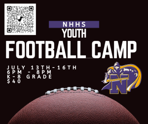 image of a football with text NHHS Youth Football camp July 13-16 6-8pm  K-8 $40 qr code links to https://bit.ly/nhhsfootball