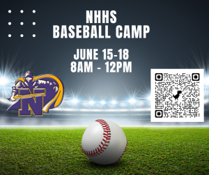 image of a baseball field with text NHHS Baseball Camp June 15-18 8am-12pm qr code leads to https://bit.ly/nhhsbaseball