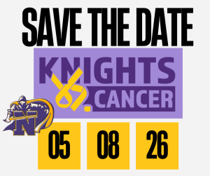 Image of the knights logo with a yellow cancer ribbon. With text Save the Date Knights vs cancer 05/05/2026
