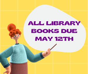 image of a teacher pointing to text All library books due May 12th 