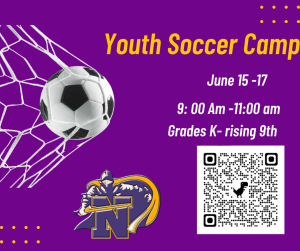 Image of a soccer ball in a net and the knights logo with text Youth Soccer Camp June 15-17 9am-11 am grades K-rising 9th with a qr code that goes to https://bit.ly/nhhsoccer