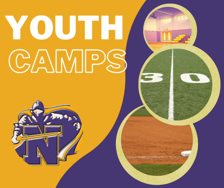 image of different sports fields with text Youth camps and the knights logo