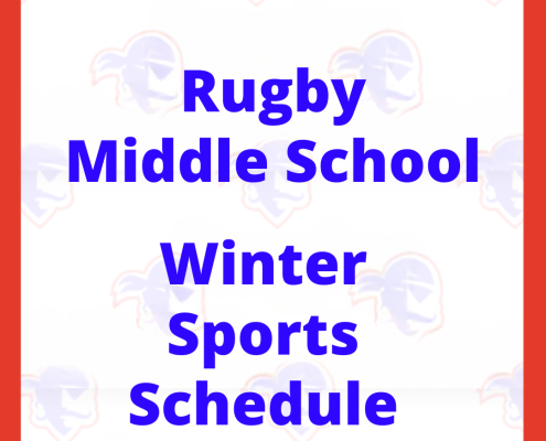 Blue Pirate face with mustache, eyepatch outlined in red as background. Rugby Middle School Winer Sports Schedule