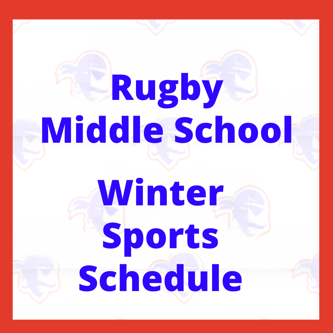 Blue Pirate face with mustache, eyepatch outlined in red as background. Rugby Middle School Winer Sports Schedule