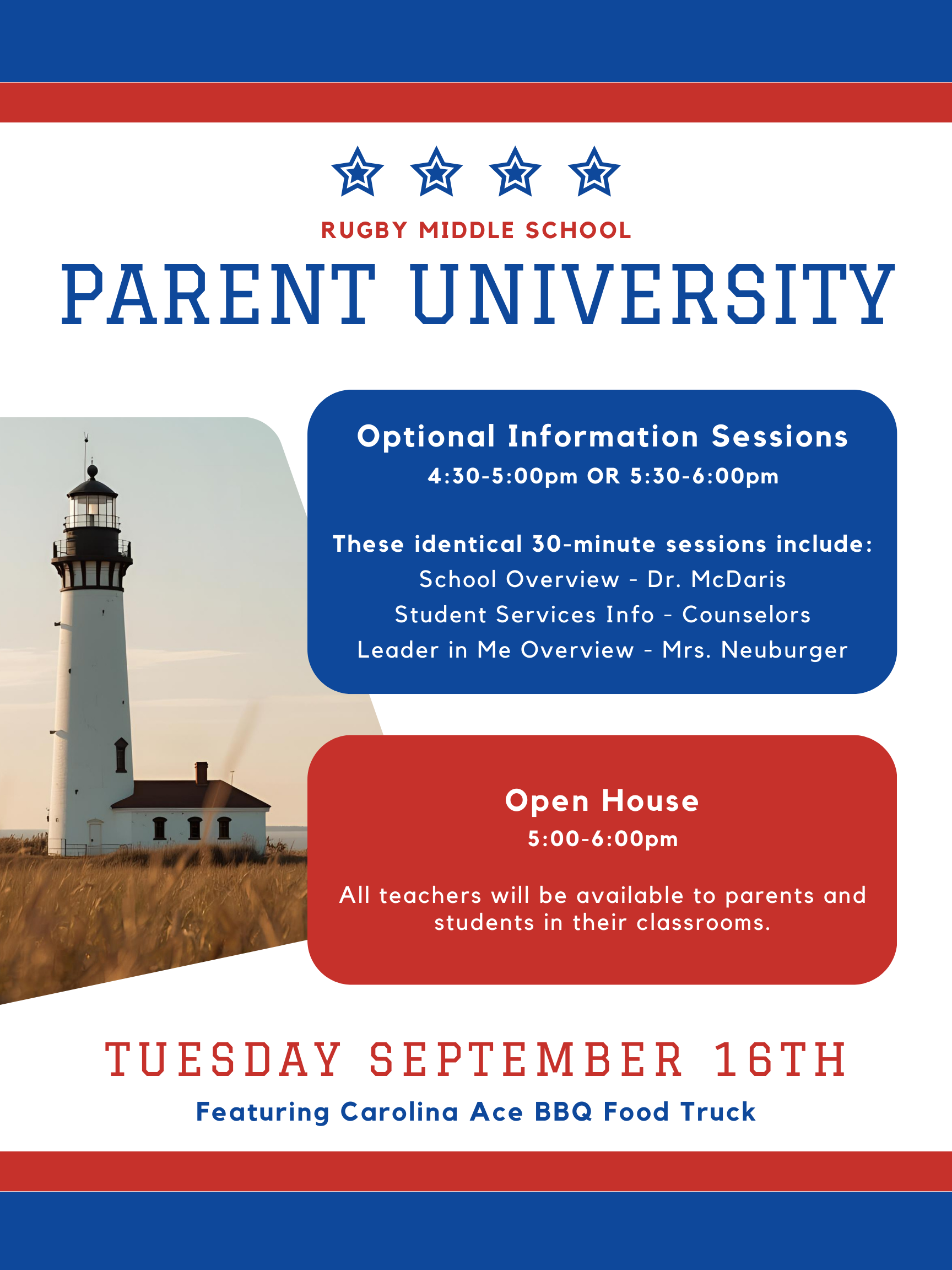 Please join us for the first of our Parent University sessions this year on Tuesday, September 16. Parents are invited to join us for one of two optional sessions featuring information about our school from 4:30-5:00 or from 5:30-6:00. Parents are also welcome to join the Open House portion of our event from 5:00-6:00. We will also host Carolina Ace BBQ food truck for families to enjoy while you are here. Please contact us at 828-891-6566 with any questions.