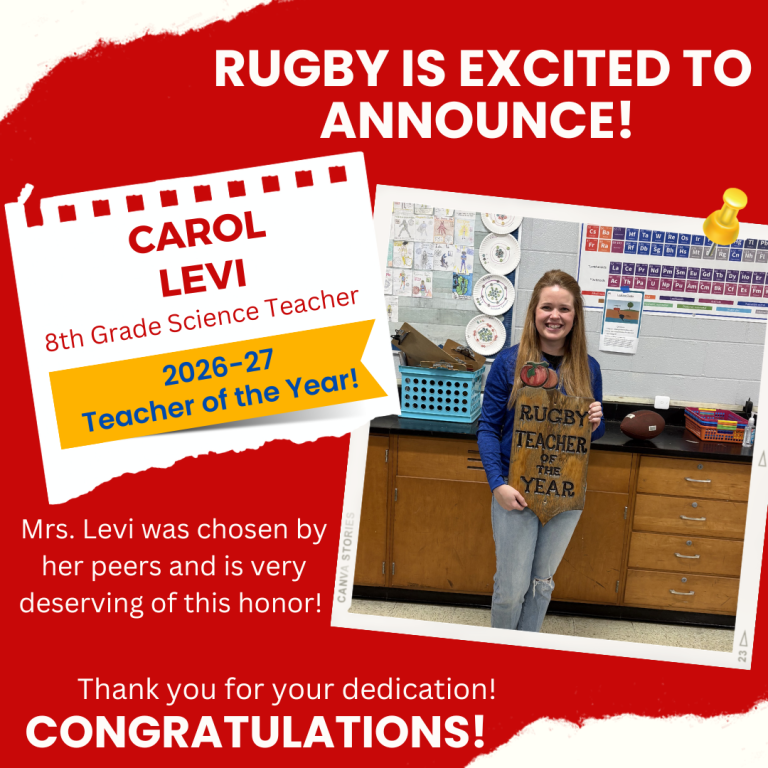 Rugby is excited to announce! 2026-27 Teacher of the Year! Mrs. Levi was chosen by her peers and is very deserving of this honor! Thank you for your dedication! Congratulations! Teacher with long blonde hair is standing in front of wooden cabinets with a black countertop. She is wearing blue jeans and a long sleeve blue shirt holding a wooden engraved sign that says 