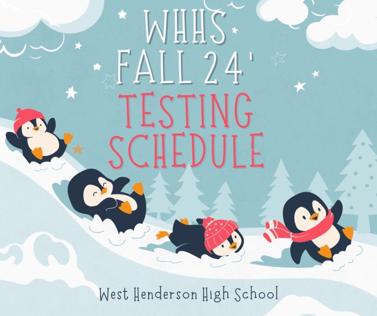 WHHS Fall 24' Testing Schedule Image with penguins sliding down a snowy hill
