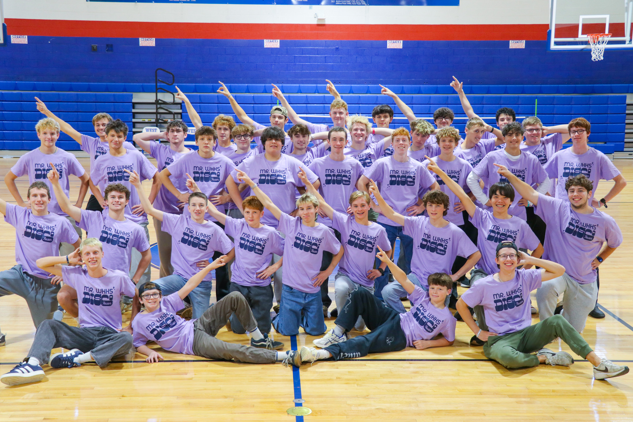 Mr. WHHS contestants posing for their 2025 Mr. WHHS pageant with the theme of Disco Fever.