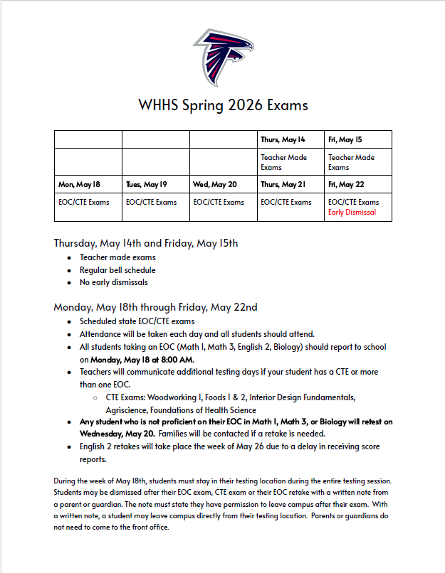Schedule Layout for the Spring semester 2026 final exams and EOC tests
