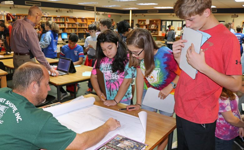 Students look at blueprints