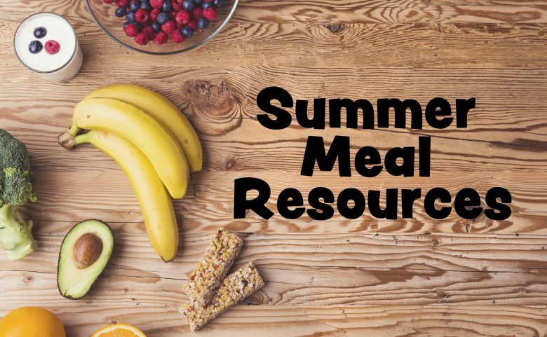 Healthy food composition background with "summer meal resources" text