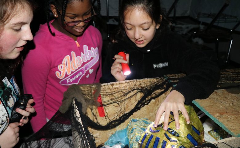 3 students using flashlight to look at mummy