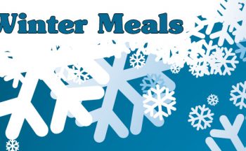 Text reads Winter Meals. Snowflake graphics are in the background.