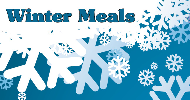 Text reads Winter Meals. Snowflake graphics are in the background.