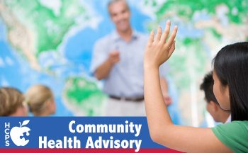 "Community Health Advisory" text with student raising hand