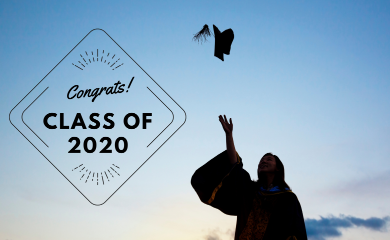 graduate throwing cap with "Congrats! Class of 2020" text