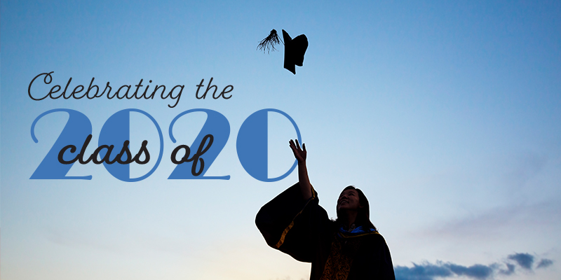 graduate throwing cap with "celebrating the class of 2020" text