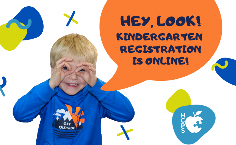 child making mask with hands and text "Hey look! Kindergarten registration is online!"