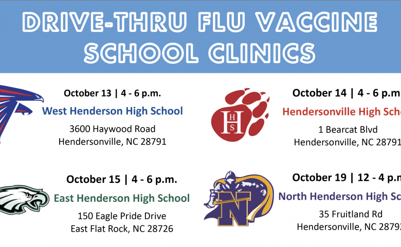 Drive Thru Flu Vaccine School Clinics with logos and details of clinics