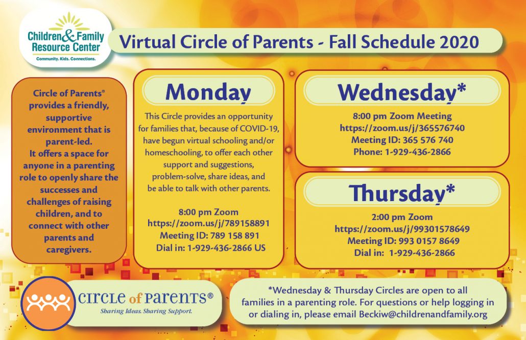 Graphic displaying the Virtual Circle of Parents Fall Schedule 2020, listing links for Monday, Wednesday, and Thursday virtual meetings