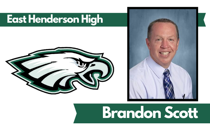 image of man with East Henderson High eagle logo and text "East Henderson High" and "Brandon Scott"